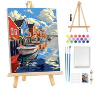 DOMROM Paint by Numbers Kit for Adults Beginners Framed with Wooden Easel, Seaside Town Adults' Paint-by-Number Kits on Canvas, DIY Easy Acrylic Oil Painting by Numbers for Home Decor, 8x12in