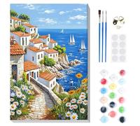 DOMROM Paint by Numbers Kit for Adults with Wooden Frame, House by The Sea Easy Acrylic Paint by Number, DIY Landscape Oil Painting Kit with Framed Canvas Arts and Crafts for Gift Home Decor 20X30cm