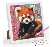 DOMROM Red Panda Diamond Art Painting Kits for Kids, Animal Diamond Art Kit with Frame for Adults Beginners, Flowers DIY Mosaic Gem Kits Ages 6-8-12 Art and Crafts for Gift Home Decor 7.1x7.1inch