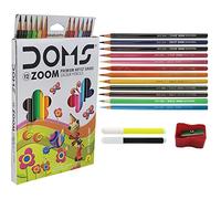 Doms 12 Bright Shades Zoom Premium Artist Grade Hexagonal Colouring Pencils Sharpener + ZOFAX BLACK Ball Pen