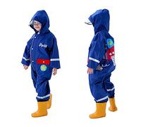Domueay Boys Puddle Suit Waterproof All in One Rainsuit Hooded Children Breathable Easy Dry Raincoat Lightweight Rainwear Onesie Muddy Suit with Transparent Brim for Kids 4-6 years, Navy Blue Airplane