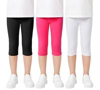 Domueay Girls 3/4 Capri Leggings 3 Pack Black White Rose Red 10-11 Years
