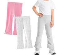 Domueay Girls Flared Leggings 2 Pack Kids Cotton Bell Bottom Ribbed Pants with Elastic Waistband Soft Soild Casual Trousers Children Bootcut Dance Athletic Legging for 5-6 Years, Pink Gray