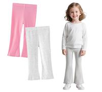 Domueay Girls Flared Leggings 2 Pack Kids Cotton Bell Bottom Ribbed Pants with Elastic Waistband Soft Soild Casual Trousers Toddler Bootcut Dance Athletic Legging for 2-3 Years, Pink Gray
