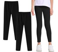 Domueay Girls Leggings 2-Pack Kids Cotton Full Length Trousers 5-12 Years | Breathable, Soft Stretchy Plain Tights Pants with Elastic Waistband, Children Casual Legging for Sports School Dance Cycling