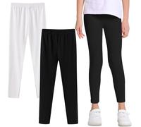 Domueay Girls Leggings 2-Pack Kids Cotton Full Length Trousers 5-12 Years | Breathable, Soft Stretchy Plain Tights Pants with Elastic Waistband, Children Casual Legging for Sports School Dance Cycling