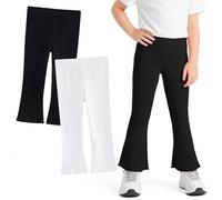 Domueay Girls Ribbed Flared Leggings 2 Pack Kids Cotton Stretchy Trousers with Elastic Waist Soft Bell Bottom Bootcut Pants Children Solid Casual Tights for School Dance, 4-5 Years, Black White