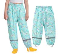 Domueay Girls Waterproof Trousers Kids Lightweight Rain Pants with Reflective Strip Mud Dirty Proof Trousers, Green Horse Pattern Outdoor Windproof Overtrousers Rainwear for 7-8 Years