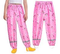 Domueay Girls Waterproof Trousers Kids Lightweight Rain Pants with Reflective Strip Mud Dirty Proof Trousers, Pink Horse Pattern Outdoor Windproof Overtrousers Rainwear for 7-8 Years