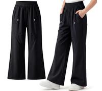 Domueay Girls Waterproof Trousers UPF 50+ Sun Protection Bootcut Hiking Pants with Pockets Reflective Dots Elastic Waist Flared Outdoor Joggers Kids School Sportswear Age 11-12 Years, Black