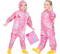 Domueay Kids Puddle Suit Girls Waterproof All in One Raincoat Hooded Breathable Lightweight Rain Suit Cartoon Muddy Suit with Zip for Children 5-7 Years, Pink