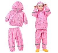 Domueay Kids Rain Suit Girls Hooded Waterproof Raincoat & Trousers Set Lightweight 2pcs Outwear Pink Horse Print Mesh Linging Jacket Pants Outdoor Rainwear Puddle Suits for 2-3 Years