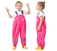 Domueay Kids Rain Trousers Girls Boys Rain Dungarees Waterproof Bib Overalls Lightweight Rabbit Pattern Mud Dirty Proof Pants with Reflective Strip Rainwear for 4-5 years, Rose Red