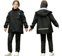 Domueay Kids Waterproof Jacket and Trouser Suit Lightweight Boys Girls Raincoat & Pants Set 2pcs Unisex Teens Hooded Windproof Rain Puddle suits Outwear Rainwear Age 9-10 Years, Black