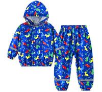 Domueay Kids Waterproof Suit Boys Lightweight Raincoat Hooded Jacket and Trousers Set Breathable Rain Coat and Pants Suit Foldable Puddle with Zip for Children 3-4 Years, Navy Blue