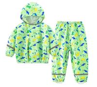 Domueay Kids Waterproof Suit Boys Lightweight Raincoat Hooded Jacket and Trousers Set Breathable Rain Coat and Pants Suit Foldable Puddle with Zip for Children 3-4 Years, Green