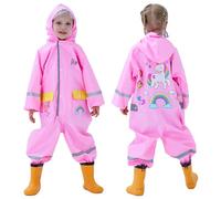 Domueay Puddle Suit Girls Waterproof All in one Rainsuit Hooded,Breathable Lightweight One Piece Children Rain Muddy Suit Raincoat Rainwear with Transparent Brim for Kids 7-8 years,Pink Horse