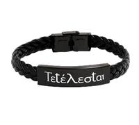 DOMYUHAO Leather Bracelet, Tetelestai, It is Finished, Inspirational Bracelet for Men and Women, Black Stainless Steel Silicone Wristband, Metal, no gemstone