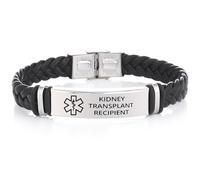 DOMYUHAO Medical Symbol Braided Leather Silver Bracelet,Kidney Transplant Recipient Awareness, SOS Emergency Health Life Alert ID Engraved Stainless Steel Jewelry Adjustable Bracelet for Men Women