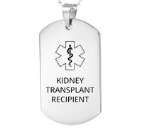 DOMYUHAO Medical Symbol Silver Necklace Dog Tag, Kidney Transplant Recipient Awareness, SOS Emergency Health Life Alert ID Engraved Stainless Steel Chain Necklace for Men Women, Metal, No Gemstone