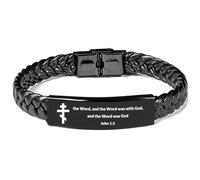 DOMYUHAO Orthodox Cross Christian Stainless Steel Bracelet - Personalized Engraved Jesus Prayer Jewelry, Adjustable John 1:1 Orthodox Easter Cuff for Baptism Gifts or Monastery or Prodigal Son gifts