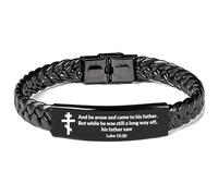 DOMYUHAO Orthodox Cross Christian Stainless Steel Bracelet - Personalized Engraved Jesus Prayer Jewelry, Adjustable John 1:1 Orthodox Easter Cuff for Baptism Gifts or Monastery or Prodigal Son gifts