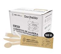 DON PALILLO Cutlery, 50 Sets of 100% Biodegradable Wood Flatware, Each Set Contains 1 Fork, 1 Knife, 1 Spoon, 1 Napkin, 1 Toothpick, White, Minimalist Style