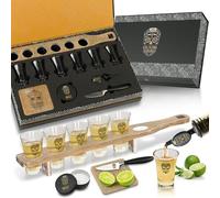 Don Paragone Calavera Tequila Shot Board Set - Fine Oak Wood Shot Glass Holder Tray with 6 Tequila Shot Glasses, Cutting Board, Lime Knife, Salt Tin, Bottle Pourer - Tequila Gifts for Tequila Lovers