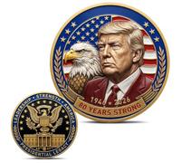 Donald Trump 80th Birthday Challenge Coin, 45th & 47th President Gift | Zinc alloy coin with 3D relief, colorful patriotic details, double-sided design, and a clear acrylic protective capsule.