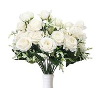 Dondeen 5 Bunches Roses Artificial Flowers, Fake Roses Silk Hydrangea Flower Bouquet, for Wedding Party Table Centerpieces Floral Arrangement Home Kitchen Decor (White)