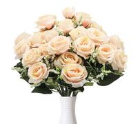 Dondeen 5 Bunches Roses Artificial Flowers, Fake Roses Silk Hydrangea Flower Bouquet, for Wedding Party Table Centerpieces Floral Arrangement Home Kitchen Decor (champagne)