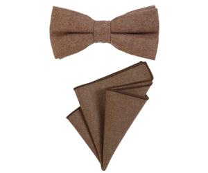 DonDon gent's bow tie 12 x 6 cm pre-tied size-adjustable and pocket handkerchief 23 x 23 cm matching colours in cotton light brown