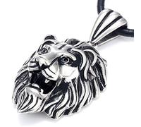 DonDon Men´s Necklace Leather 50 cm 19,7" with Lion Head Pendant Silver Stainless Steel in a Black Velvet Gift Bag