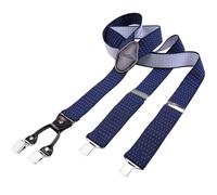 DonDon men suspenders 3,5 cm 1,38" wide 4 clips with brown leather in Y-form elastic and length adjustable dark blue white dotted