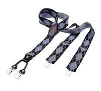 DonDon men suspenders 3,5 cm 1,38" wide 4 clips with brown leather in Y-form elastic and length adjustable black grey squared