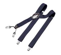 DonDon men suspenders 3,5 cm 1,38" wide 4 clips with brown leather in Y-form elastic and length adjustable - Navy blue
