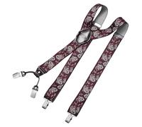 DonDon men suspenders 3,5 cm 1,38" wide 4 clips with brown leather in Y-form elastic and length adjustable - Paisley red