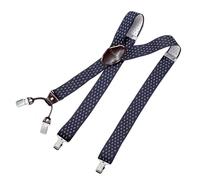 DonDon men suspenders 3,5 cm 1,38" wide 4 clips with brown leather in Y-form elastic and length adjustable - Rhombus blue white