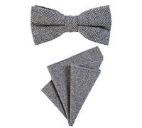 DonDon men's bow tie 4.72 x 2.36-12 x 6 cm with matching handkerchief 9.05 x 9.05-23 x 23 cm both from cotton in a checkered tweed look Grey