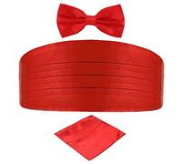 DonDon Men's triple pack with colour coordinated cummerbund bow tie breast pocket handkerchief perfect for special occassions - Red