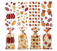 Doneace Fall Thanksgiving Cellophane Treat Bags Falls Autumn Maple Leaf Pumpkin Candy Bags Plastic Candy Cookies Goodie Gift Bags with Twist Ties for Thanksgiving Falls Party Favors 50Pcs