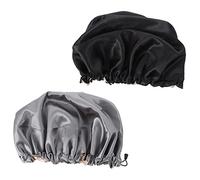 DONFAMDS 2pcs Adjustable Solid Color Hair Bonnets for Sleeping and Bathing Unisex Shower Caps with Elastic Satin Protective Hair Cover for Makeup Face Cleaning Black and Grey