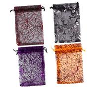 DONFAMDS 50Pcs Halloween Spider Web Organza Gift Pouches Mesh Candy Bags for Party Treats Favour Bags Drawstring Storage for Trick Treats