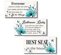 DONFENTHY 3-Piece Teal Bathroom Decor - Turquoise Flower Bathroom Rules Signs: 'Best Seat in The House' Rustic Farmhouse Wooden Signs (Teal, 10x5 Inch)