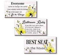 DONFENTHY 3 Pieces Yellow Bathroom Decor Bathroom Rules Wall Art Flower Best Seat in The House Rustic Farmhouse Wooden Decoration for Toilet(Yellow 10x5 Inch)