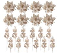 Donfulily 24 Pcs Artificial Christmas Poinsettia and Berry Stems Set, Glitter Flowers Berries Pick Sprays for Xmas Tree Decorations Garland Wreath Making Supplies DIY Crafts Home Decor (Champagne)