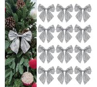 Donfulily Christmas Tree Bows with Glitter, 14 x 15 cm, 12 Pieces, Wired Ribbon Ornaments for Xmas Decorations (Silver)