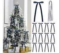 Donfulily Set of 12 Pcs Vintage Velvet Bow and 3000 Strands Tinsel Icicles, 5.9" x 11.81" Rustic Ribbon Bows Foil Fringe for Christmas Tree Decoration Holiday Wedding Home Decor (Retro Blue)