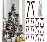 Donfulily Set of 12 Pcs Vintage Velvet Bow and 3000 Strands Tinsel Icicles, 5.9" x 11.81" Rustic Ribbon Bows Foil Fringe for Christmas Tree Decoration Holiday Wedding Home Decor (Burgundy)