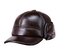 DongBao Men’s Winter Leather Baseball Cap with Earflaps Thick Lined Trapper Hunting Hat Casual Sport Trucker Cap Brown